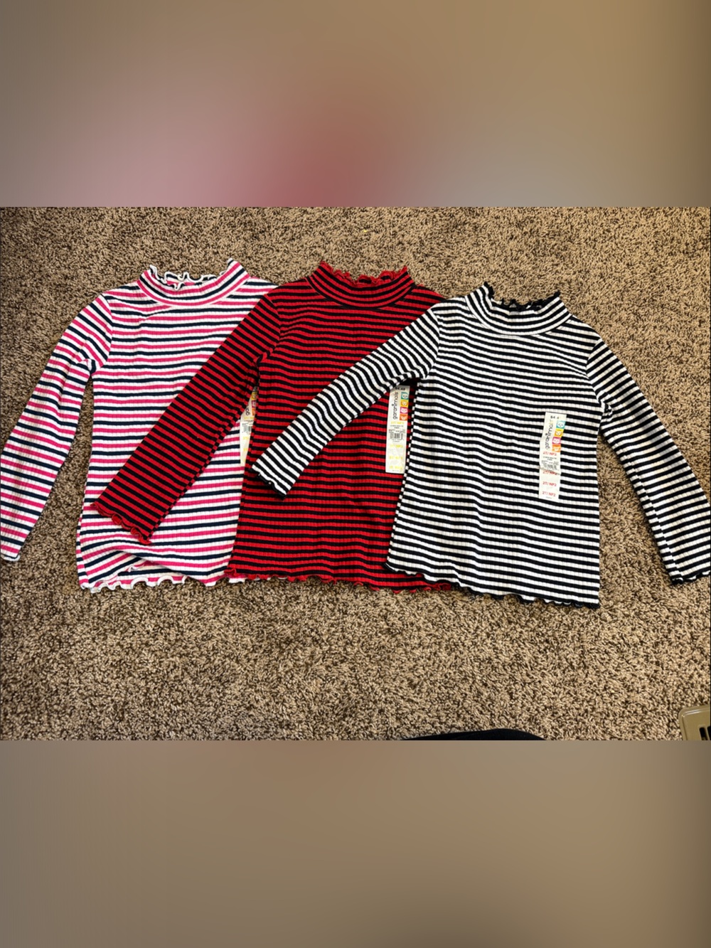 Set of 3 NWT Garanimals Long Sleeve Stripe Tee- Red, Black, White, Pink